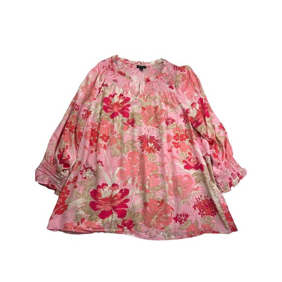 Talbots Womens Floral Smocked Blouse Top Size L Pink Viscose - Picture 1 of 9